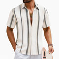 Chemise homme M en tissu texturé beige blanc gris foncé à rayures verticales manches courtes décontractée