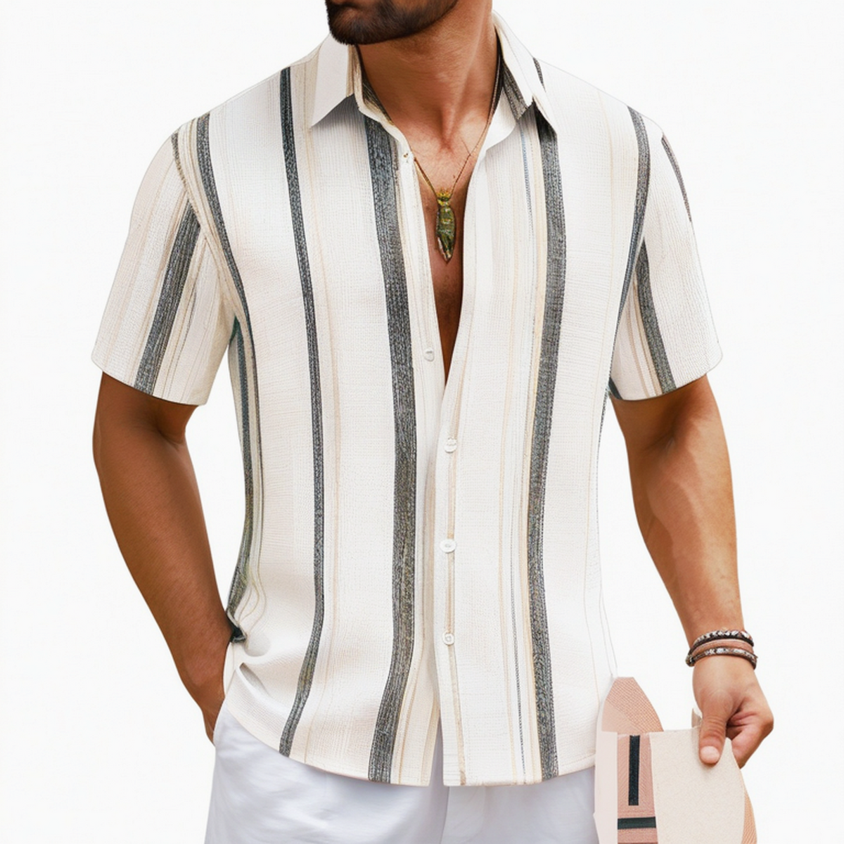 Chemise homme M en tissu texturé beige blanc gris foncé à rayures verticales manches courtes décontractée