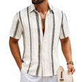 Chemise homme M en tissu texturé beige blanc gris foncé à rayures verticales manches courtes décontractée
