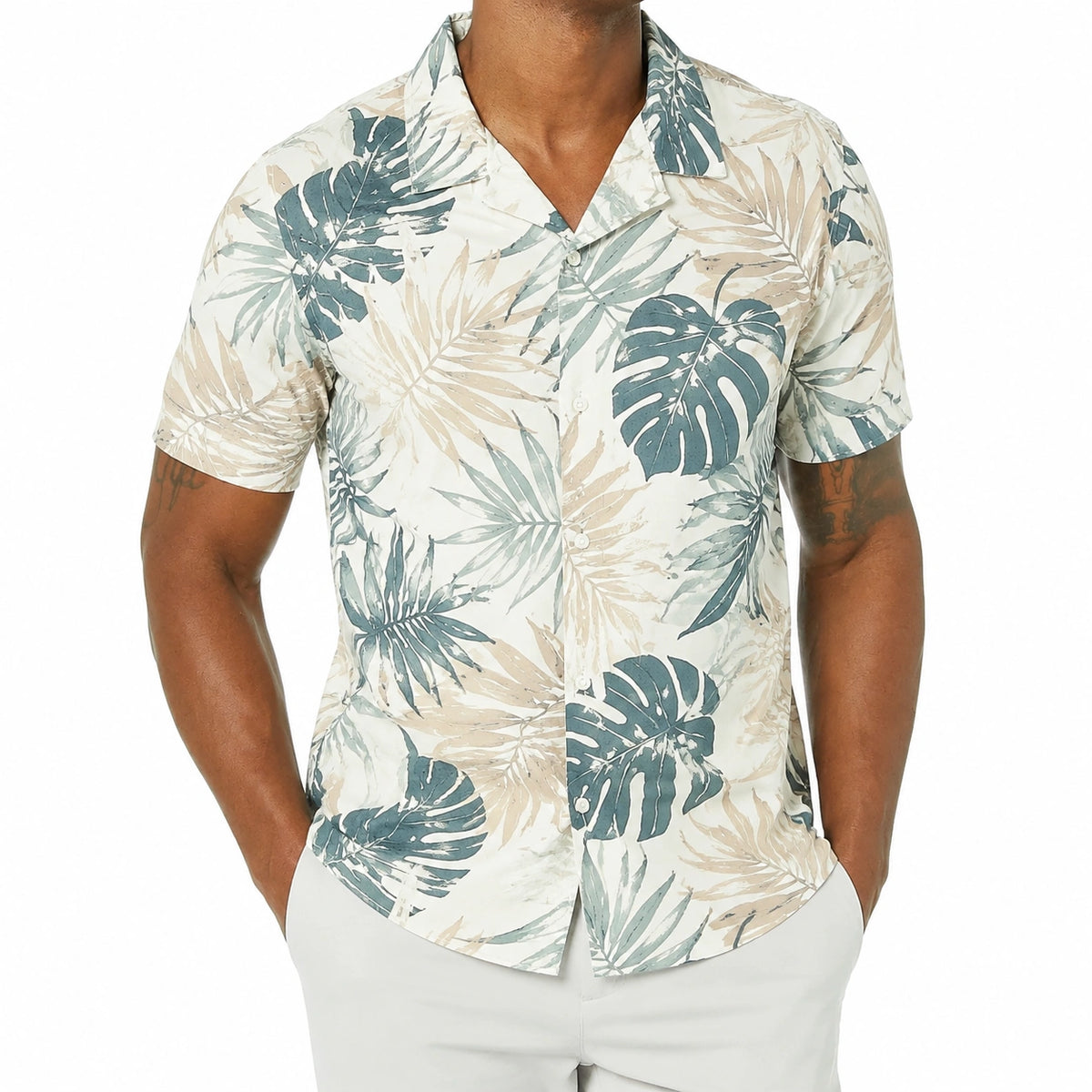Chemise homme M en tissu léger blanc beige vert à imprimé feuillage manches courtes