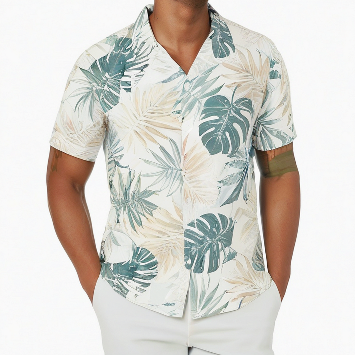 Chemise homme M en tissu léger blanc beige vert à imprimé feuillage manches courtes