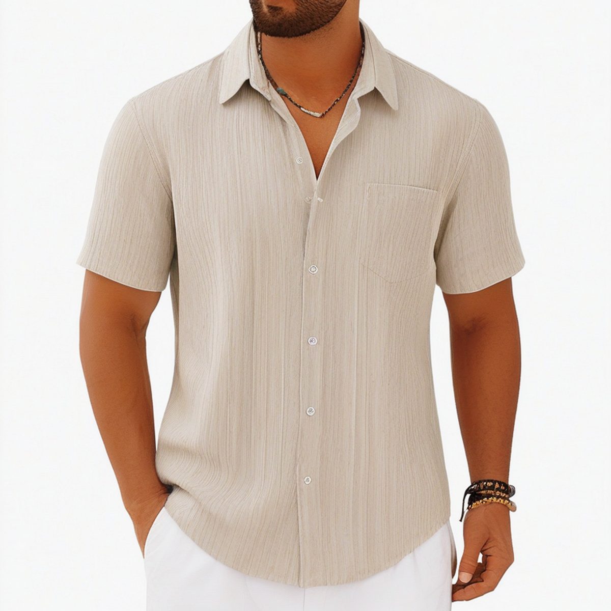 Chemise homme L beige à manches courtes en tissu texturé style décontracté