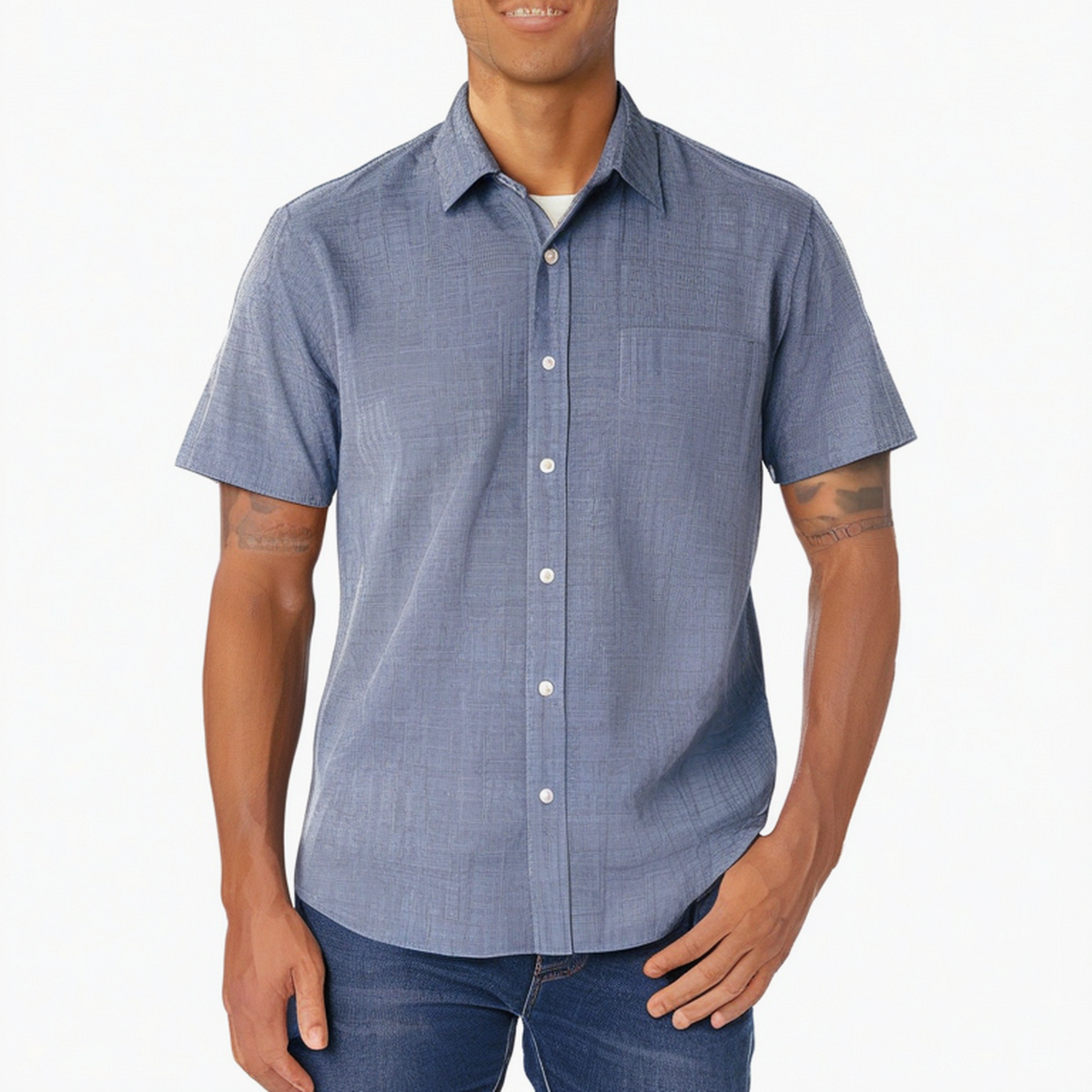 Chemise homme L en tissu tissé bleu à manches courtes style décontracté