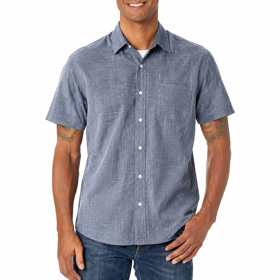Chemise homme L en tissu tissé bleu à manches courtes style décontracté