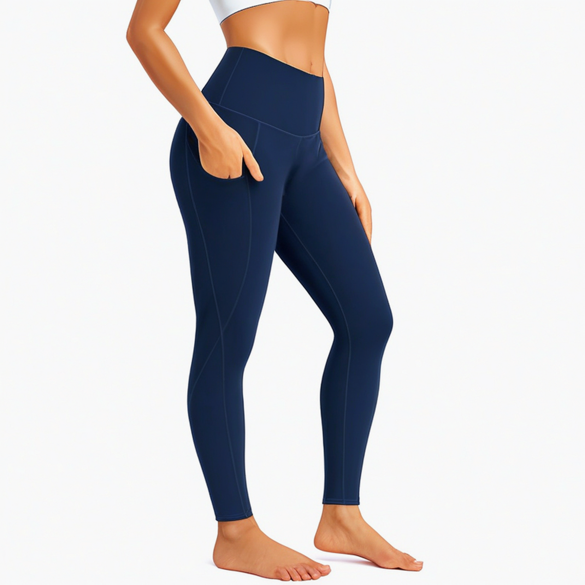 Legging femme taille M bleu marine en tissu extensible taille haute avec poches pour sport