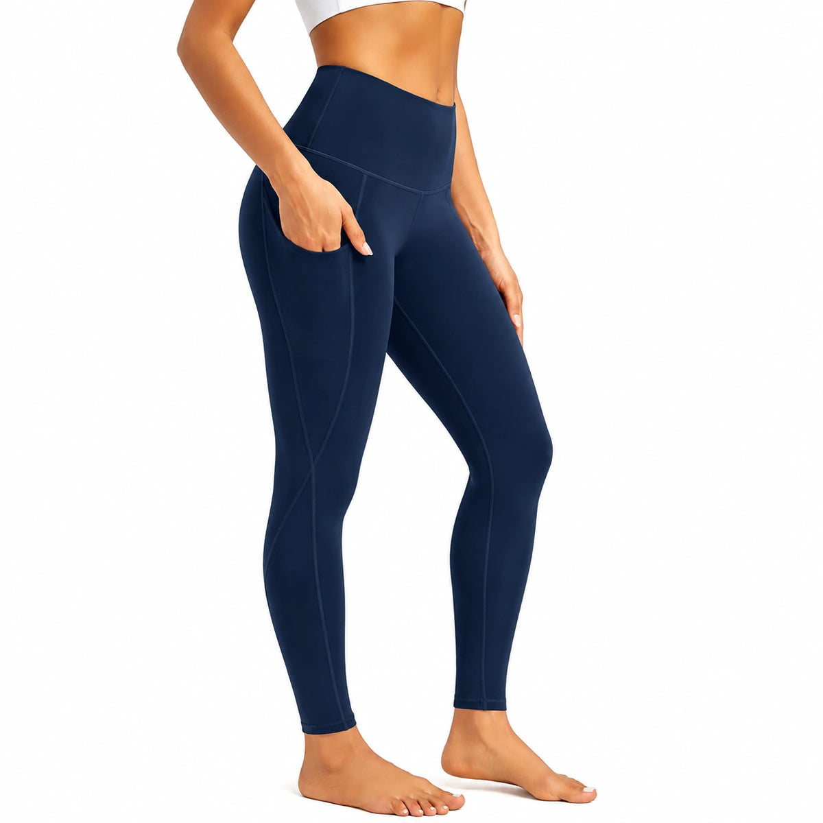 Legging femme taille M bleu marine en tissu extensible taille haute avec poches pour sport
