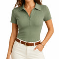 Polo femme taille S en maille côtelée vert sauge à manches courtes ajusté