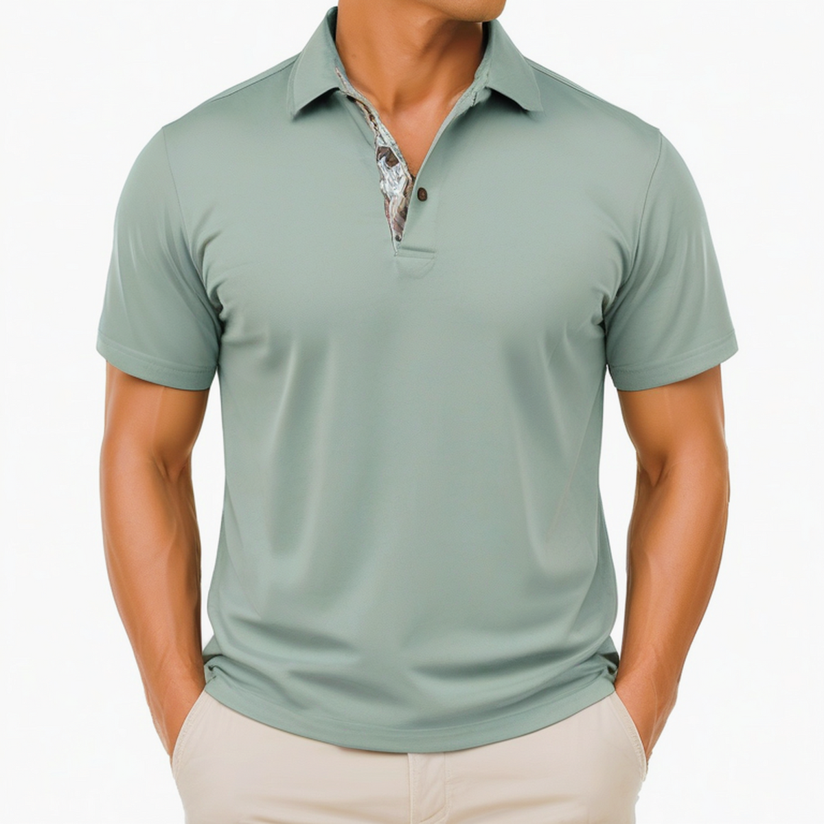 Polo homme M en tissu vert sauge à manches courtes col imprimé décontracté