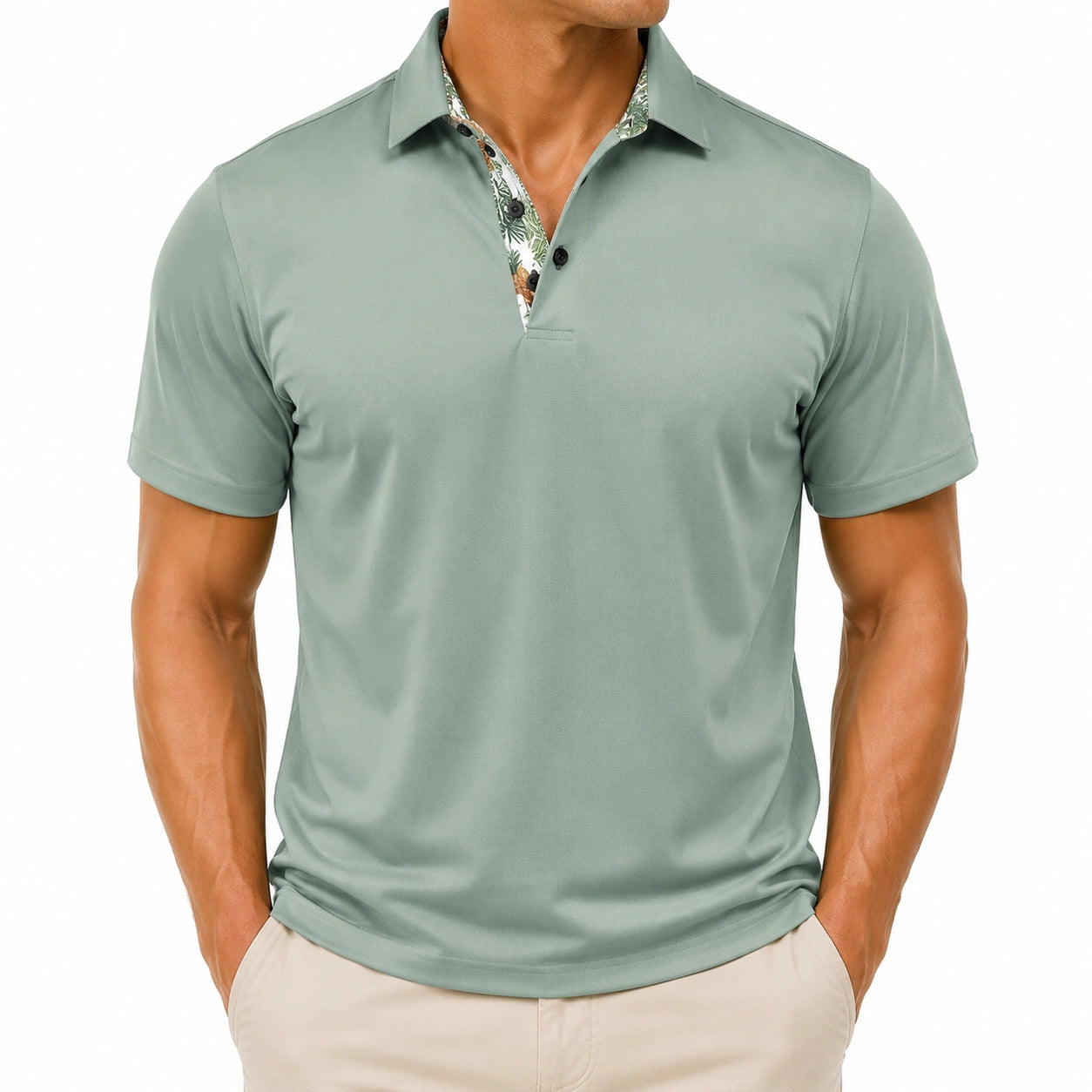 Polo homme M en tissu vert sauge à manches courtes col imprimé décontracté
