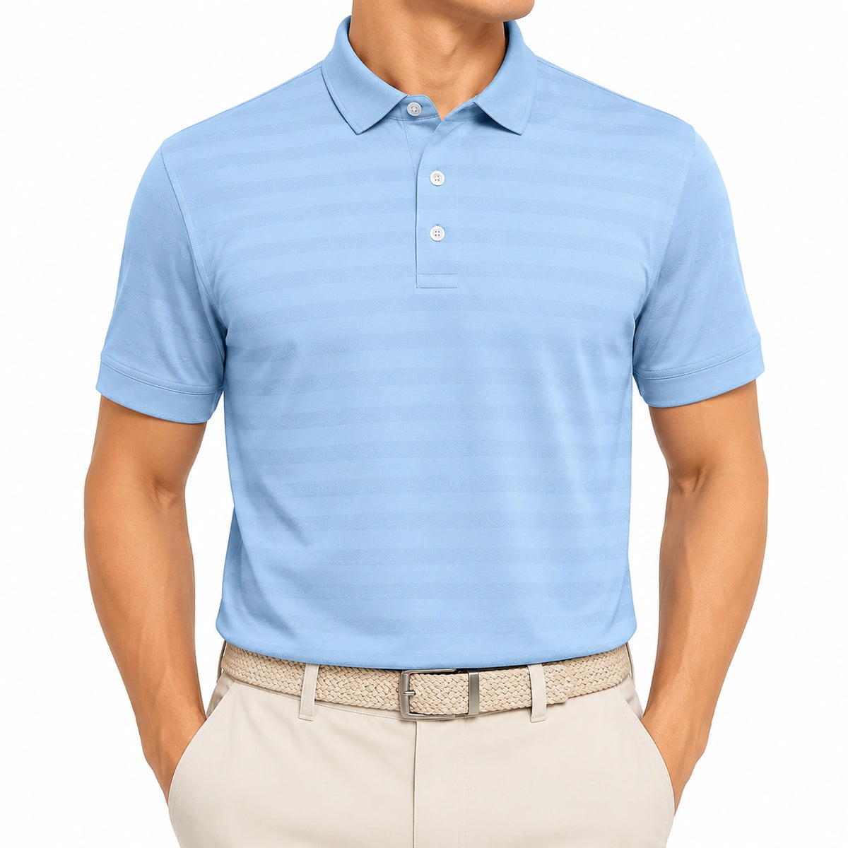 Polo homme M bleu ciel en maille rayée à manches courtes