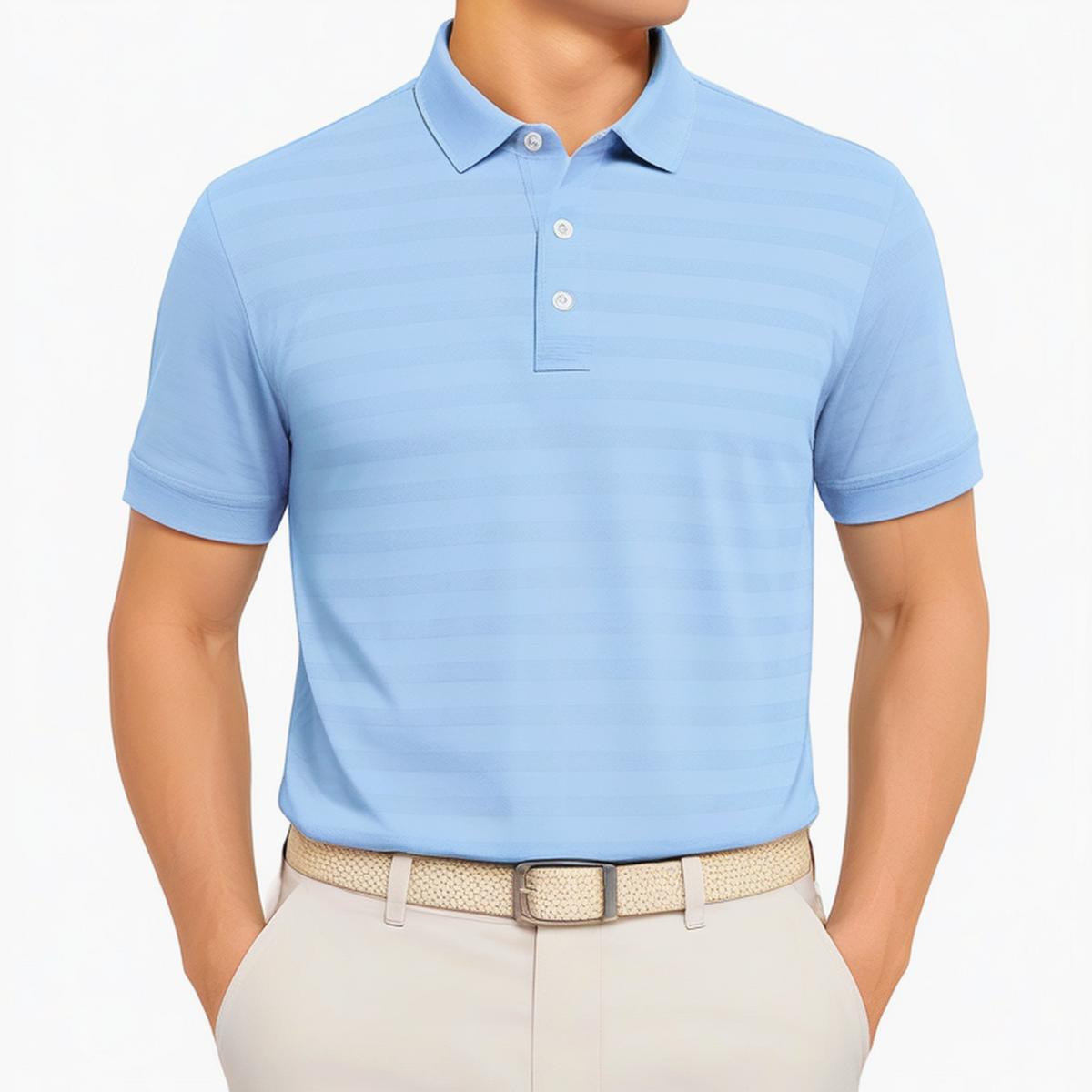 Polo homme M bleu ciel en maille rayée à manches courtes