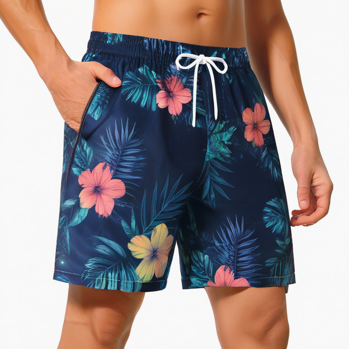 Short de bain homme M bleu marine fleuri à taille élastique