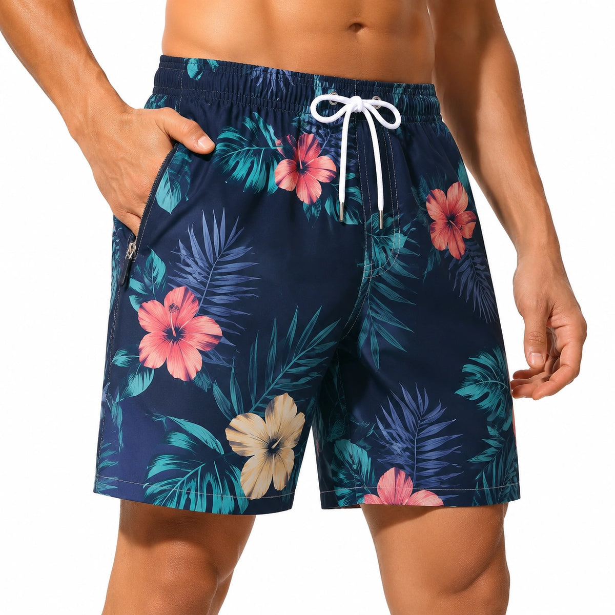 Short de bain homme M bleu marine fleuri à taille élastique