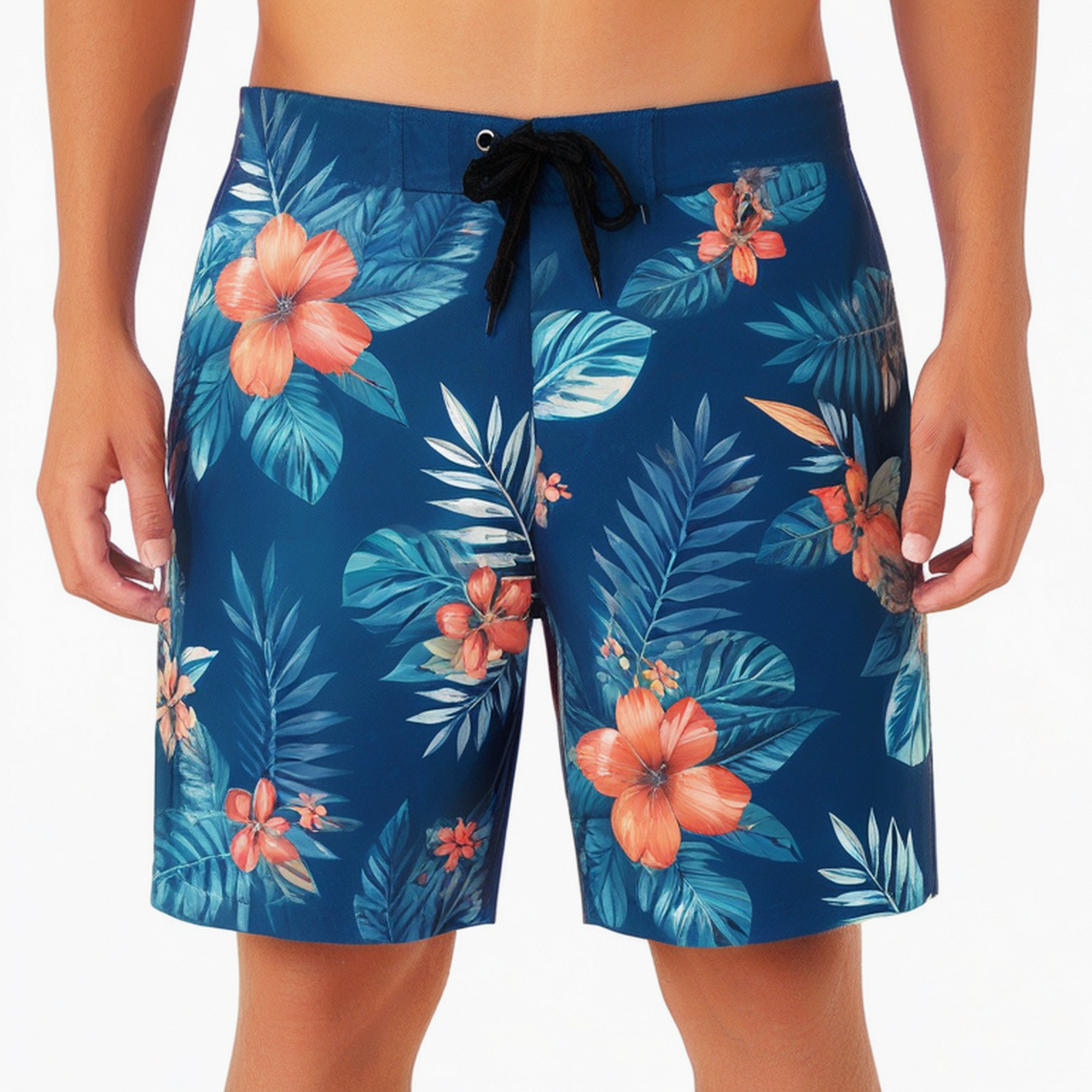 Short de bain homme M bleu marine imprimé floral à cordon de serrage