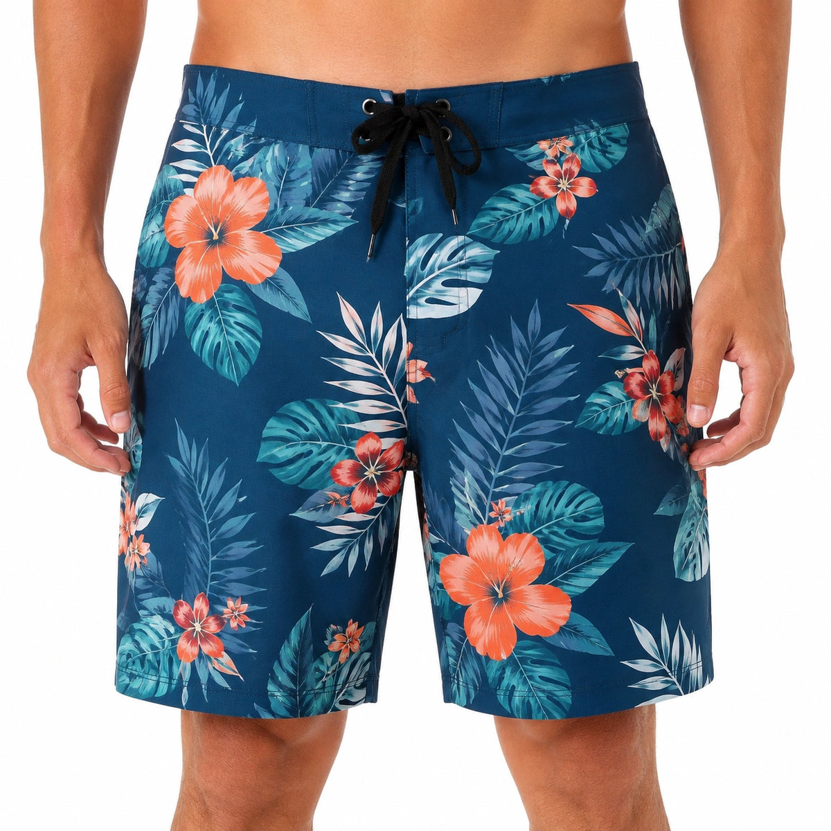 Short de bain homme M bleu marine imprimé floral à cordon de serrage
