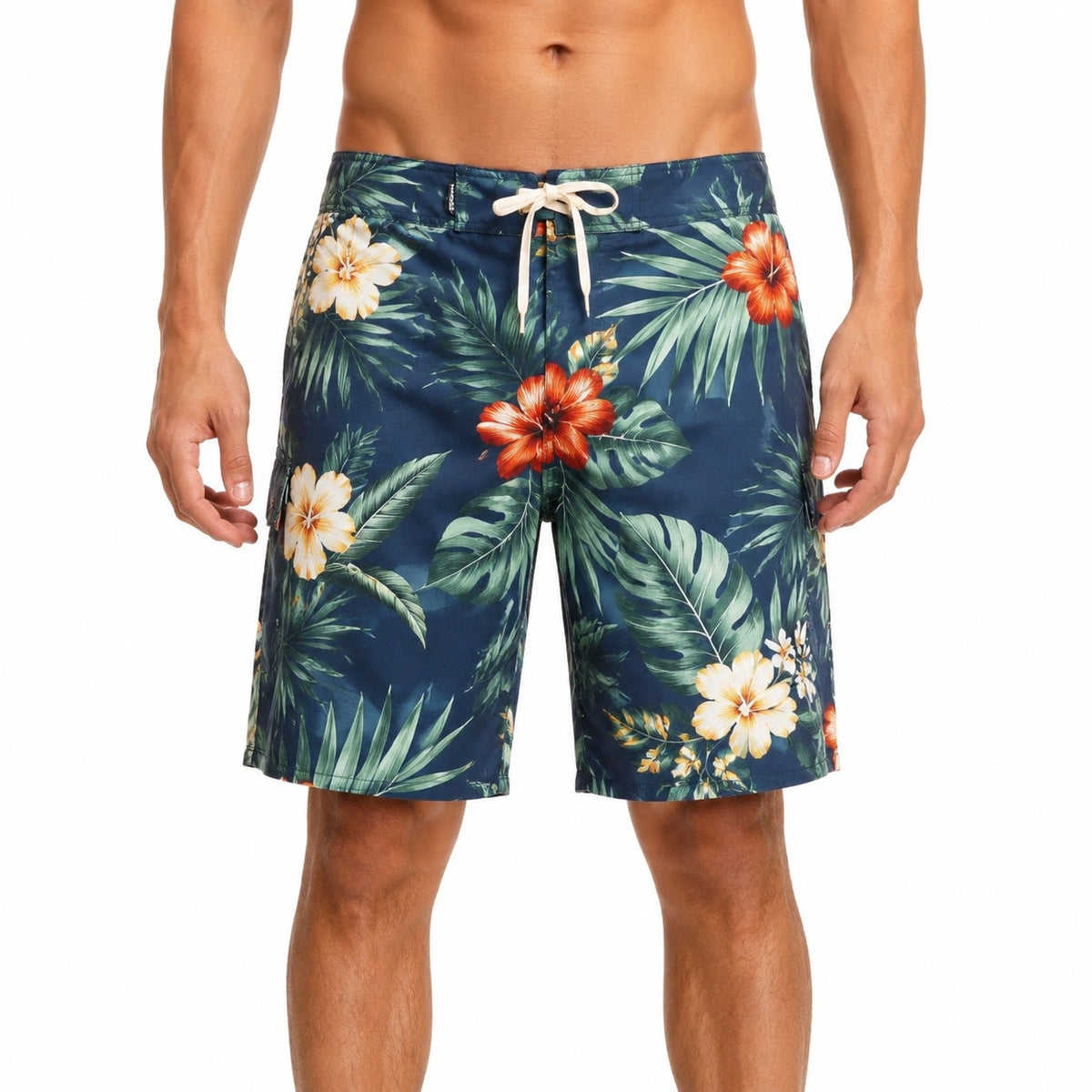 Short de bain homme L en tissu bleu marine imprimé tropical à cordon