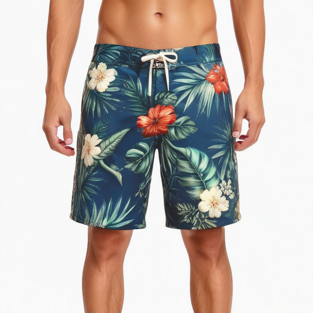 Short de bain homme L en tissu bleu marine imprimé tropical à cordon