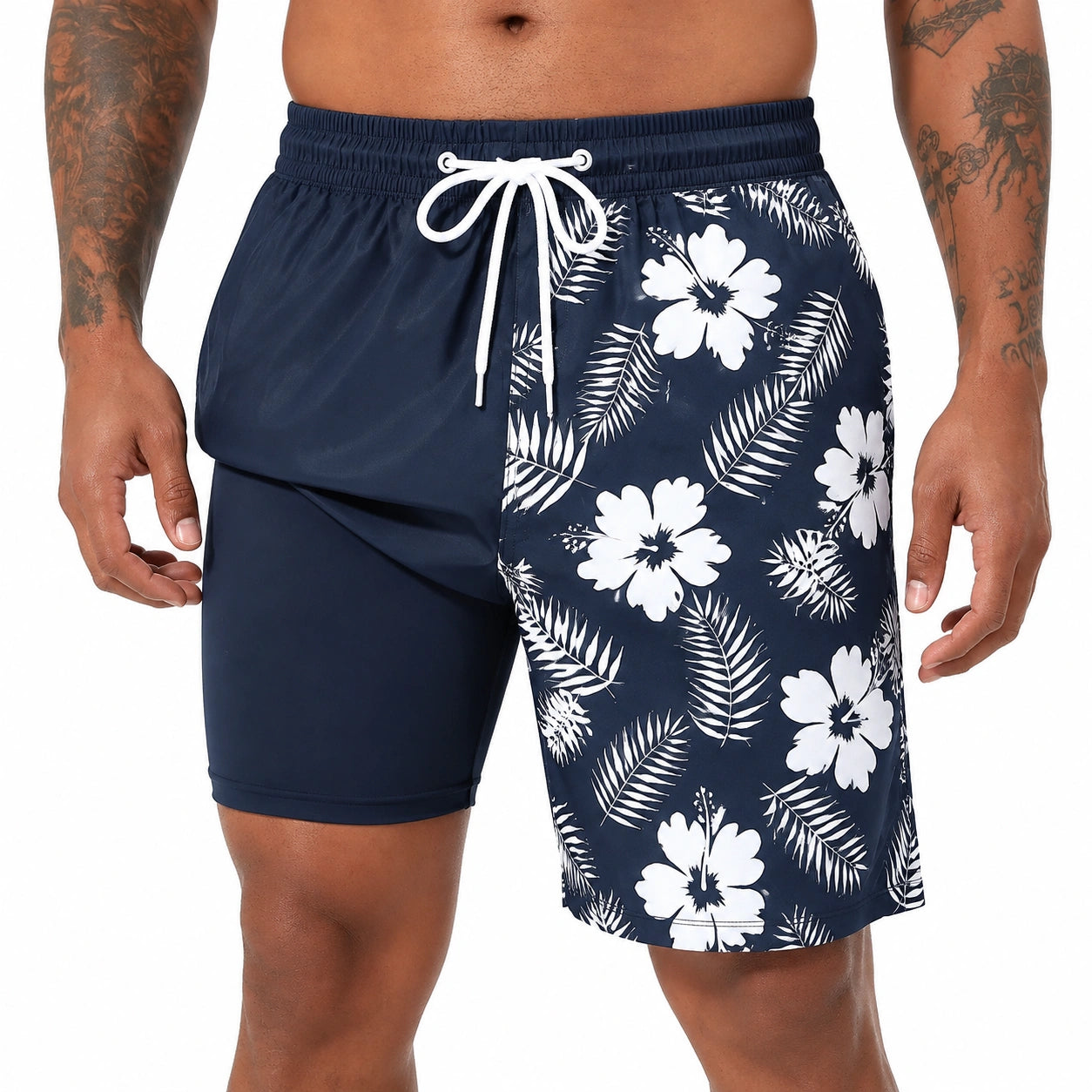 Short de bain homme L en tissu bleu marine à motif floral style tropical