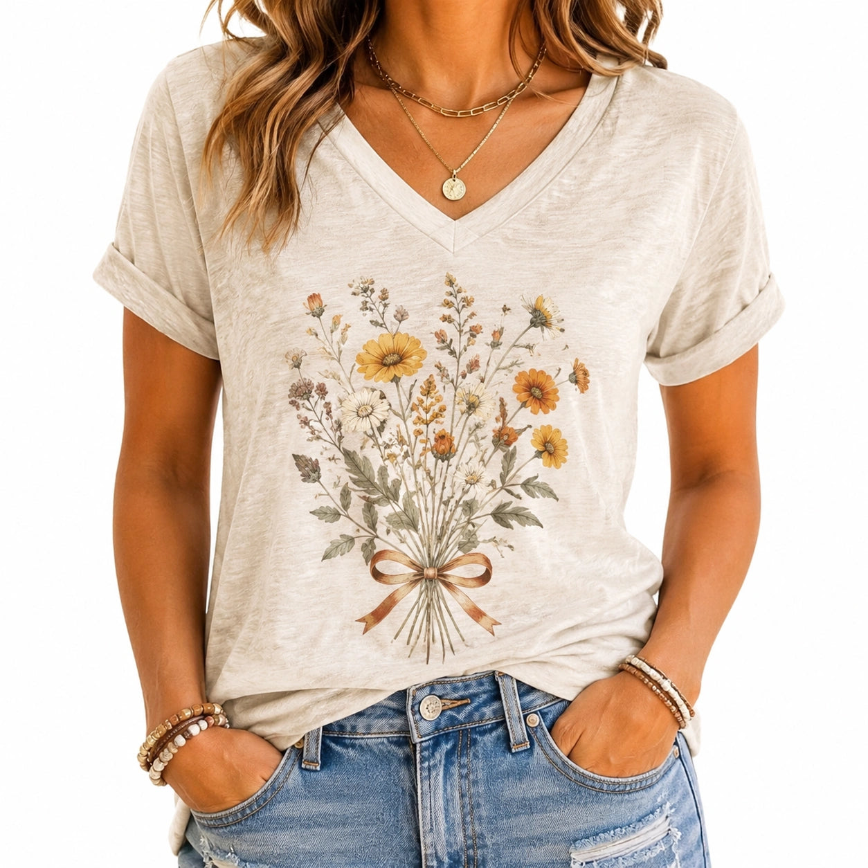 T-shirt femme M beige à col V imprimé bouquet floral en tissu léger style décontracté