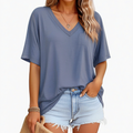 T-shirt femme taille L bleu gris à col V coupe ample manches courtes décontracté