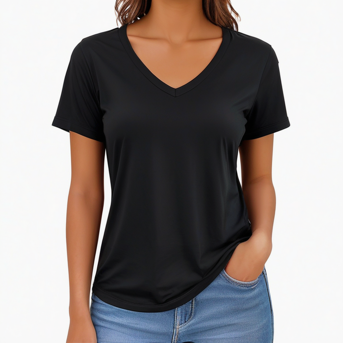 T-shirt femme L noir en tissu synthétique à col V manches courtes coupe droite