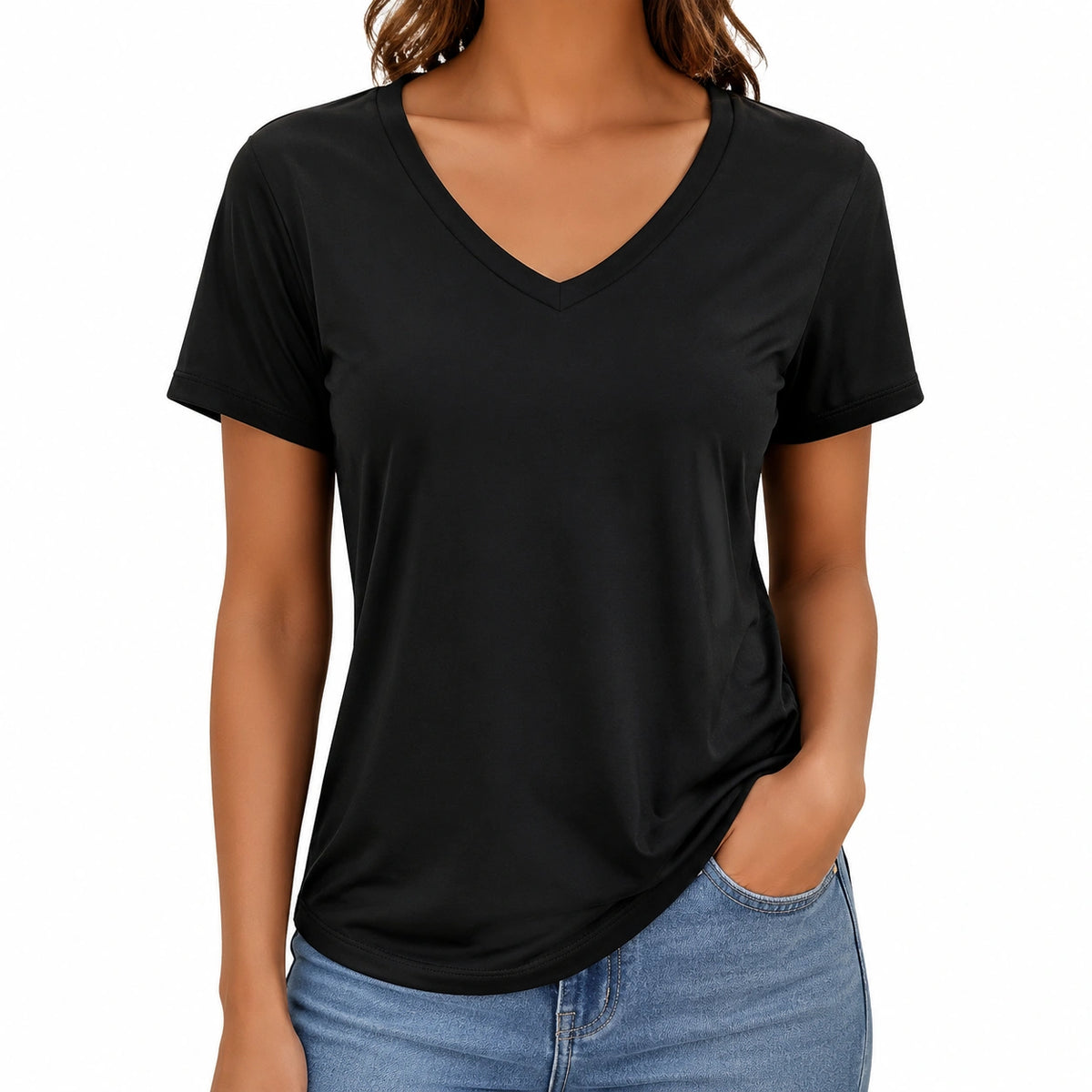 T-shirt femme L noir en tissu synthétique à col V manches courtes coupe droite