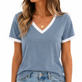 T-shirt femme L bleu gris col V contrasté manches courtes