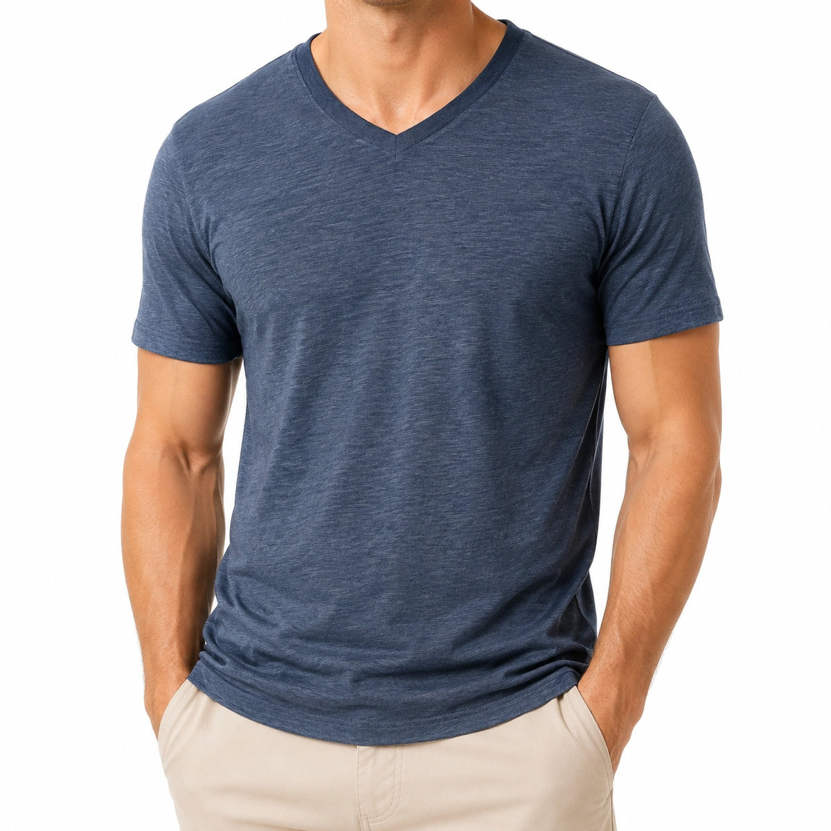 T-shirt homme taille M bleu chiné en tissu à col V manches courtes décontracté