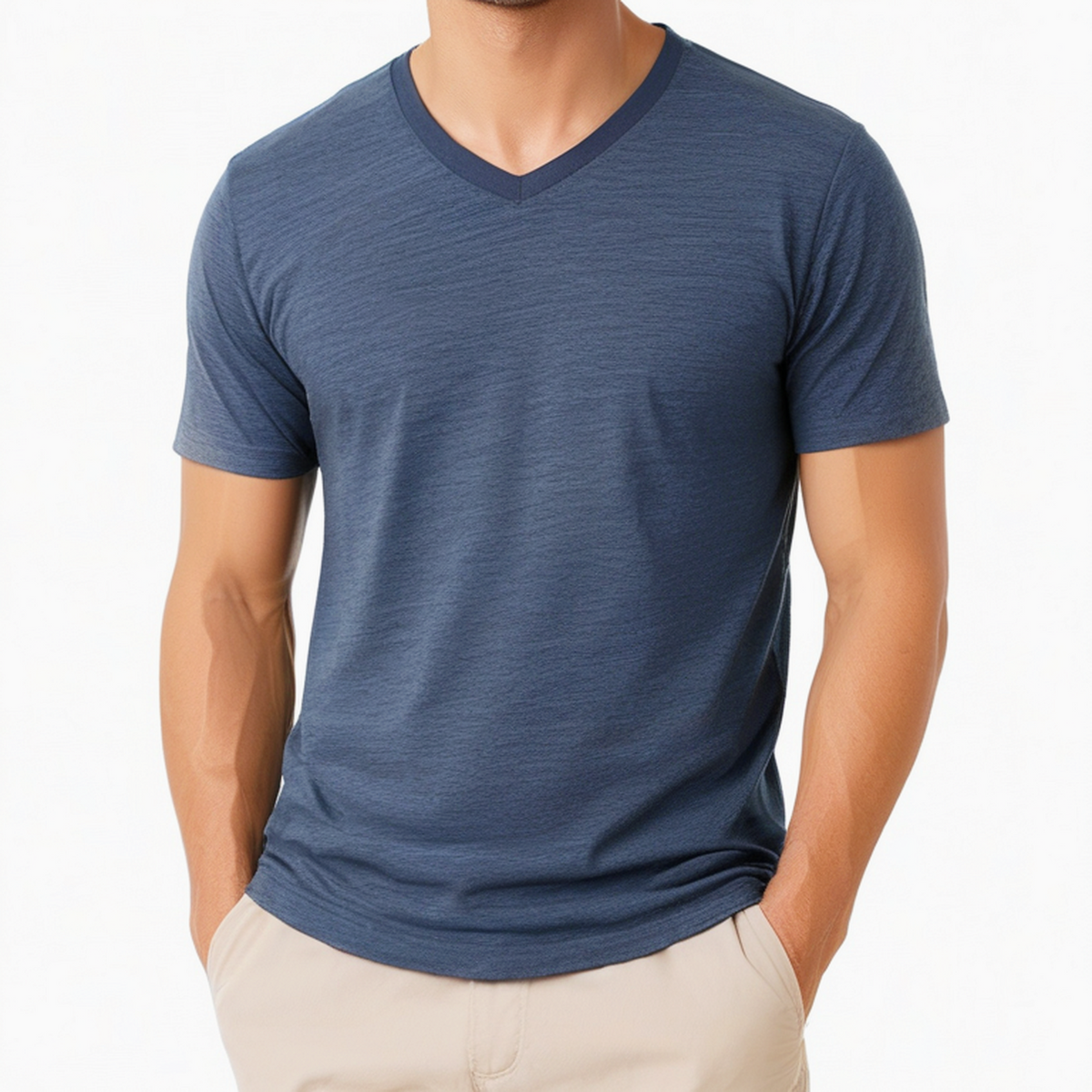 T-shirt homme taille M bleu chiné en tissu à col V manches courtes décontracté