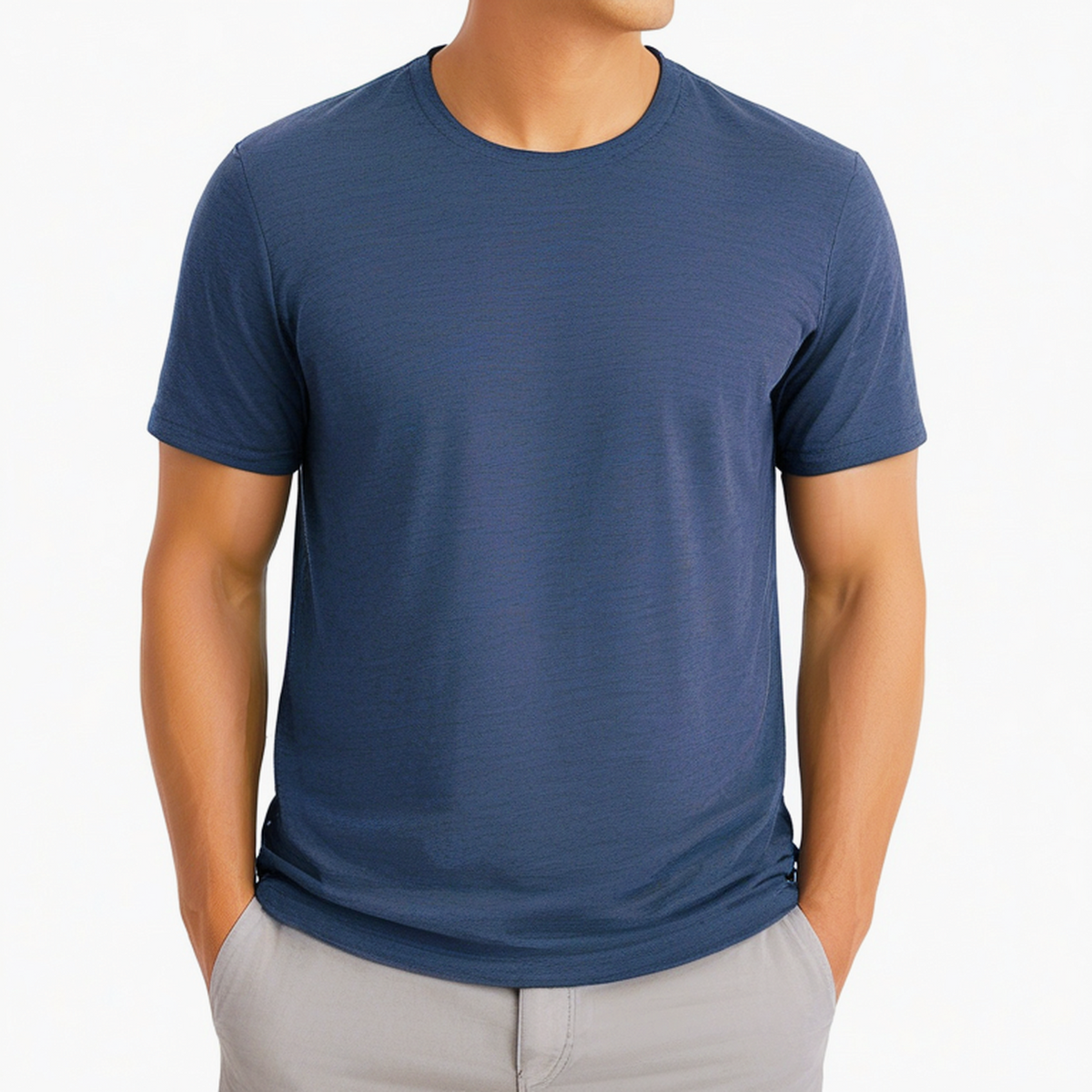 T-shirt homme taille L en maille textile bleu marine à manches courtes col rond