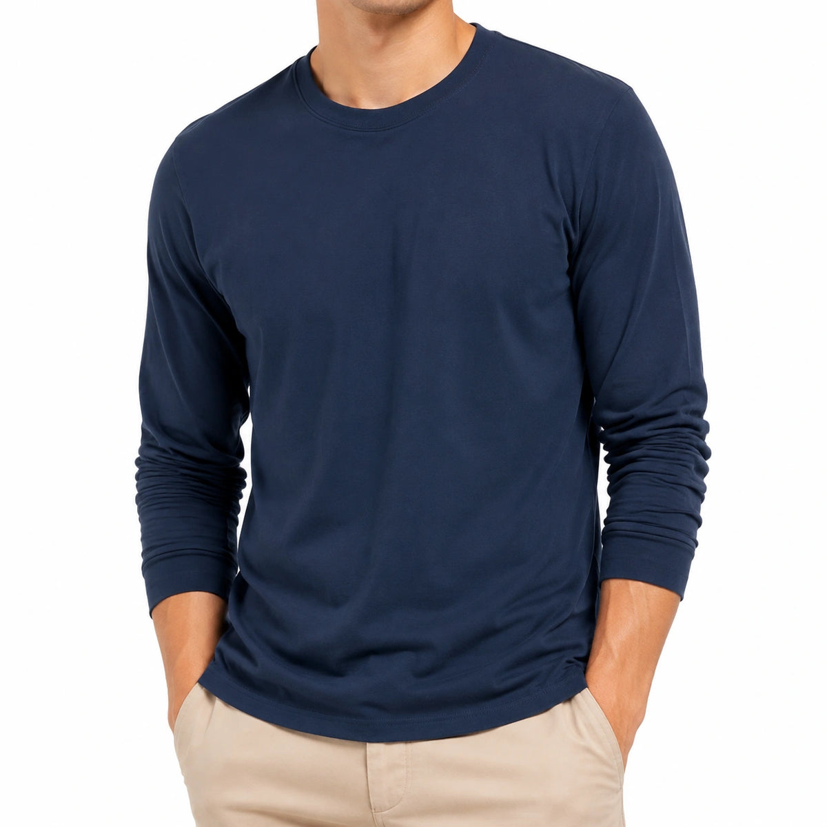 T-shirt homme taille L bleu marine à manches longues col rond style décontracté