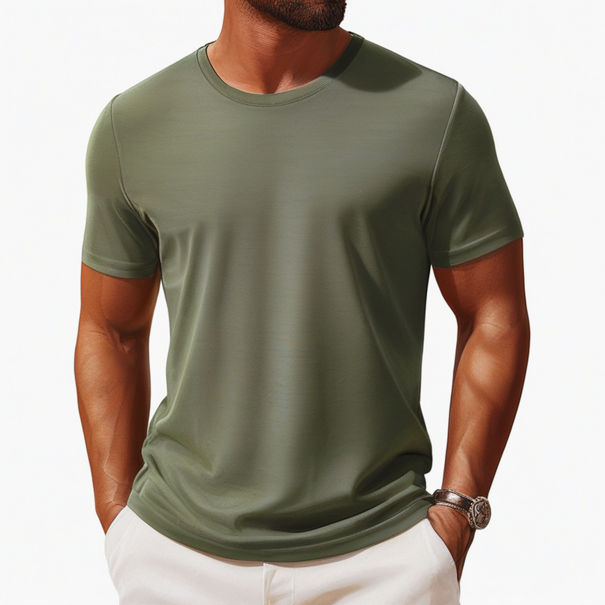 T-shirt homme taille L en tissu vert olive à manches courtes coupe droite