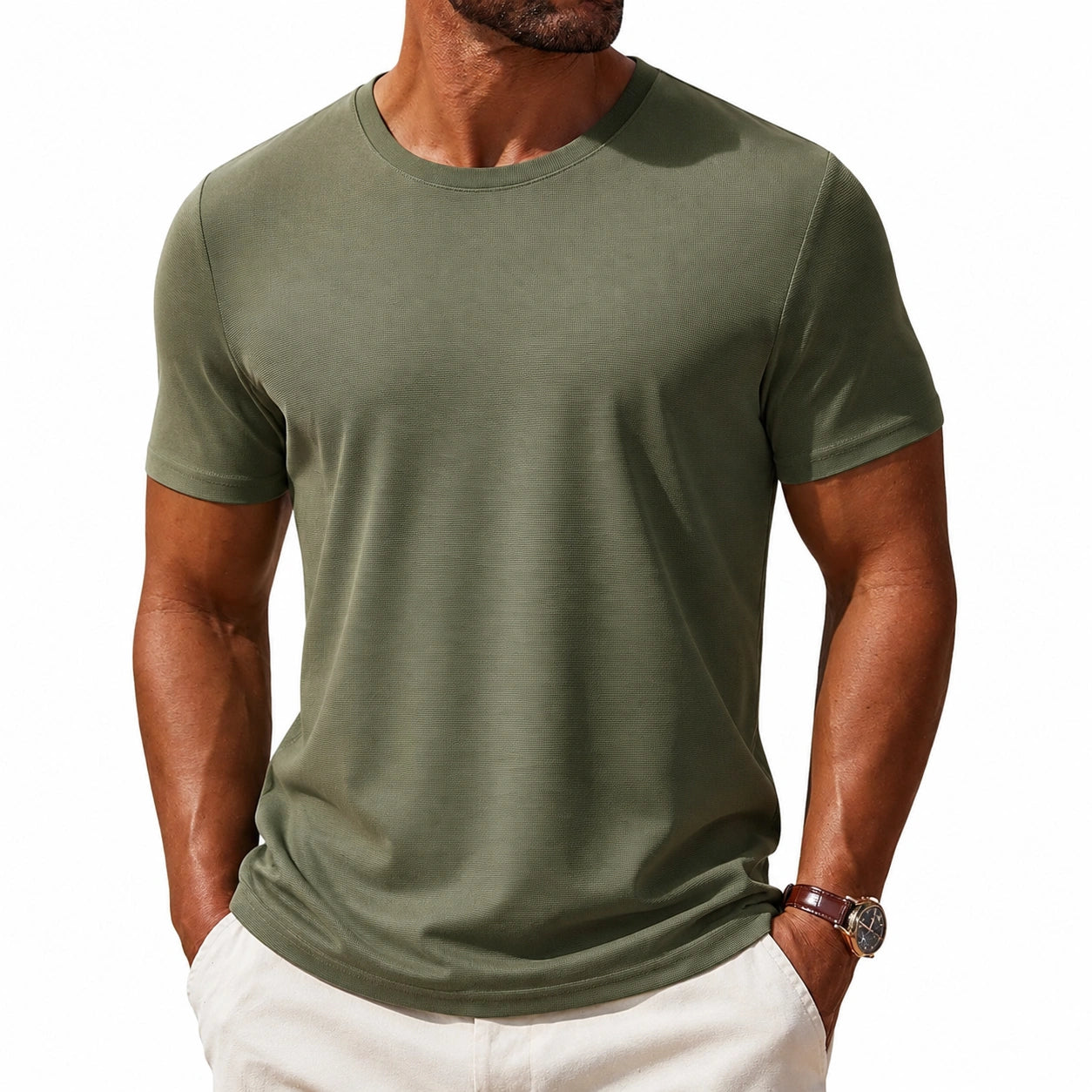 T-shirt homme taille L en tissu vert olive à manches courtes coupe droite