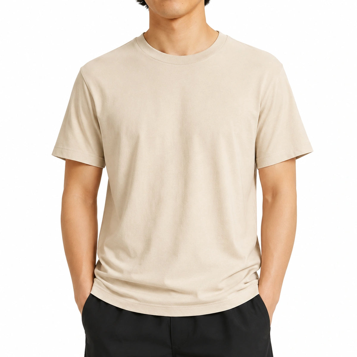 T-shirt homme L beige en maille à manches courtes coupe droite